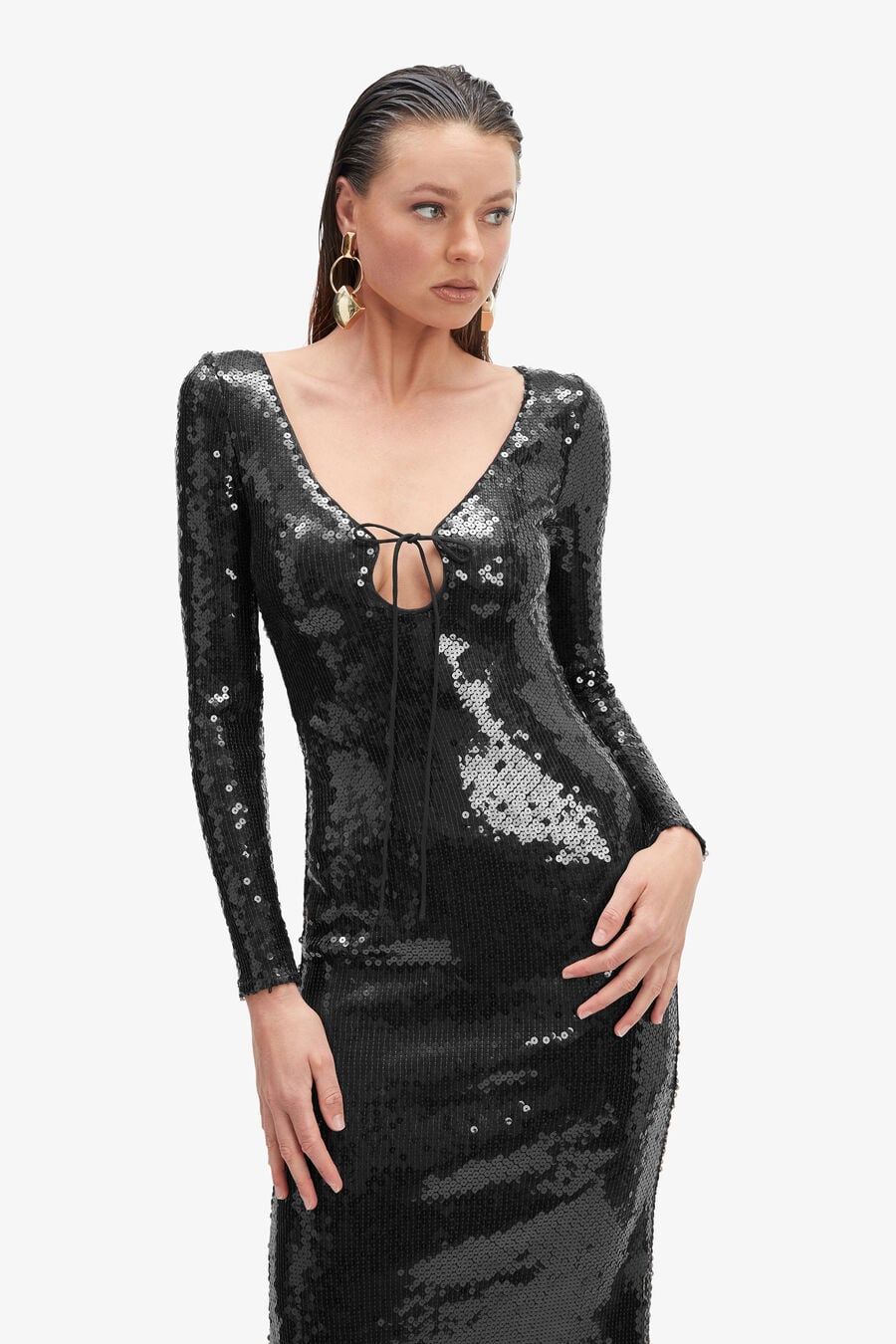 VERONA SEQUIN MAXI DRESS in colour BLACK