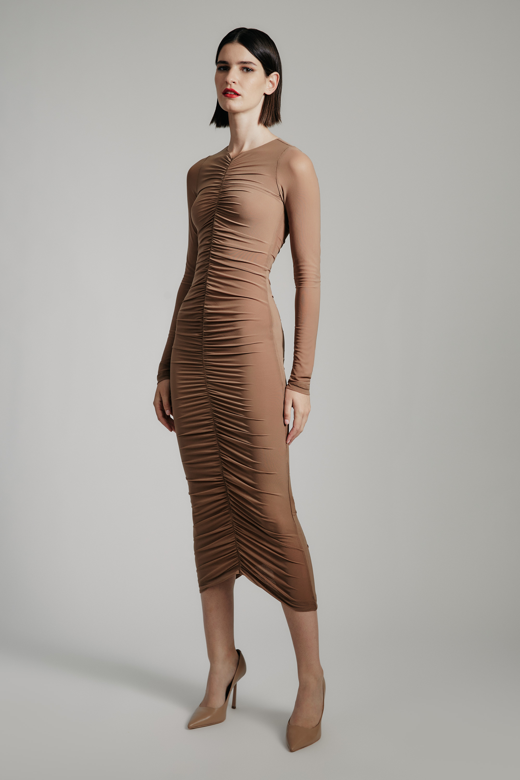 Bardot Jaya Mesh Maxi Dress In Tan