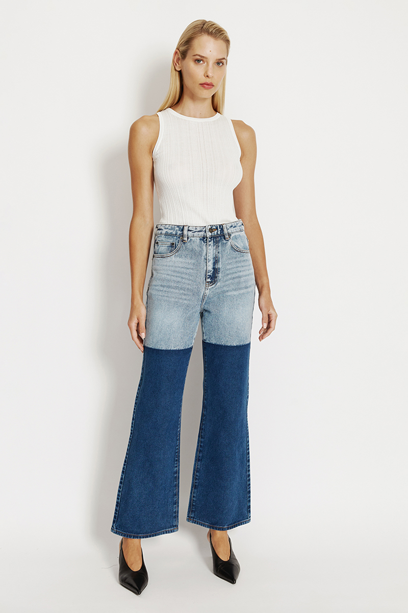 Bardot Pia Two Toned Flared Jeans In Denim Blue