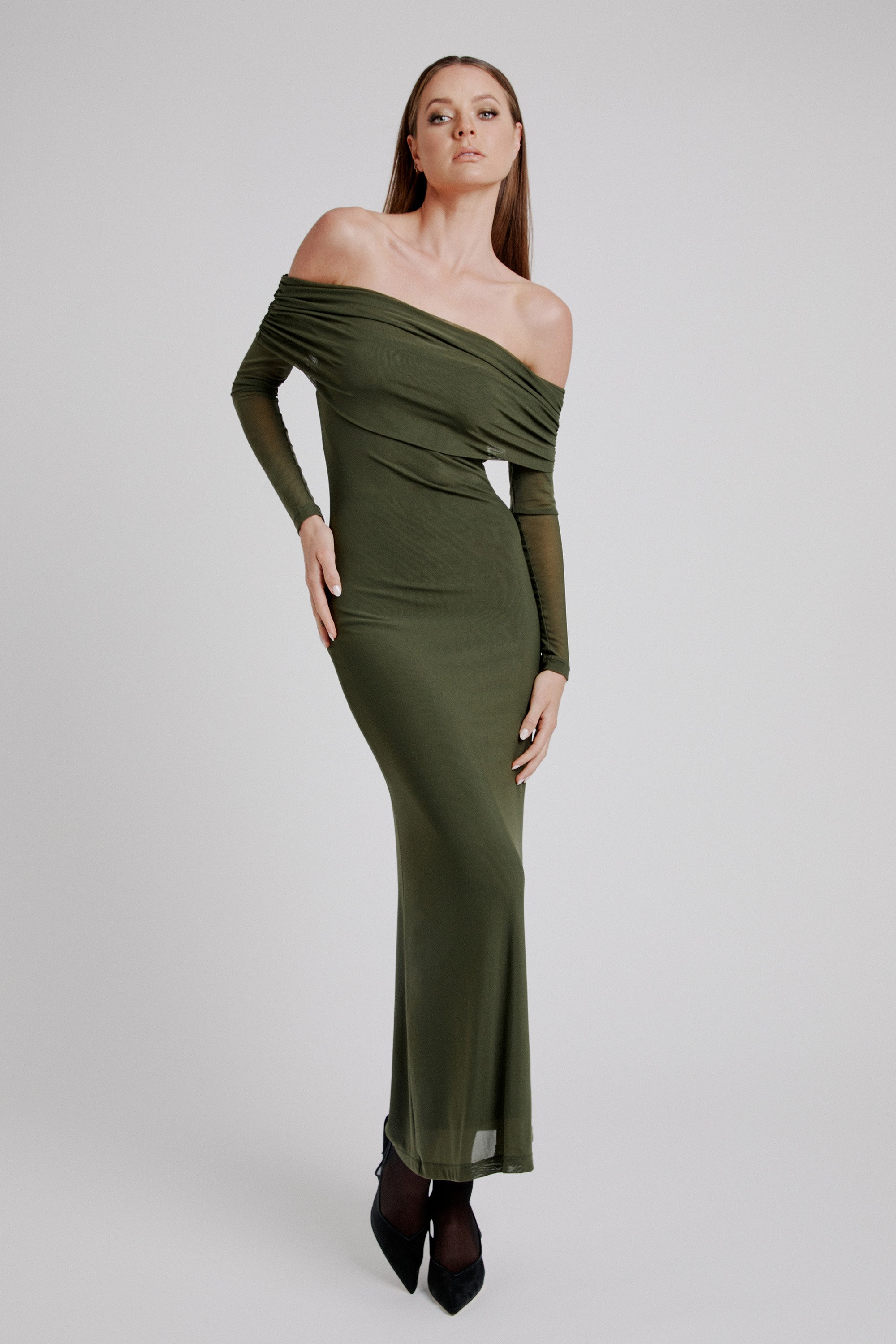 Bardot Saphia Mesh Maxi Dress In Khaki