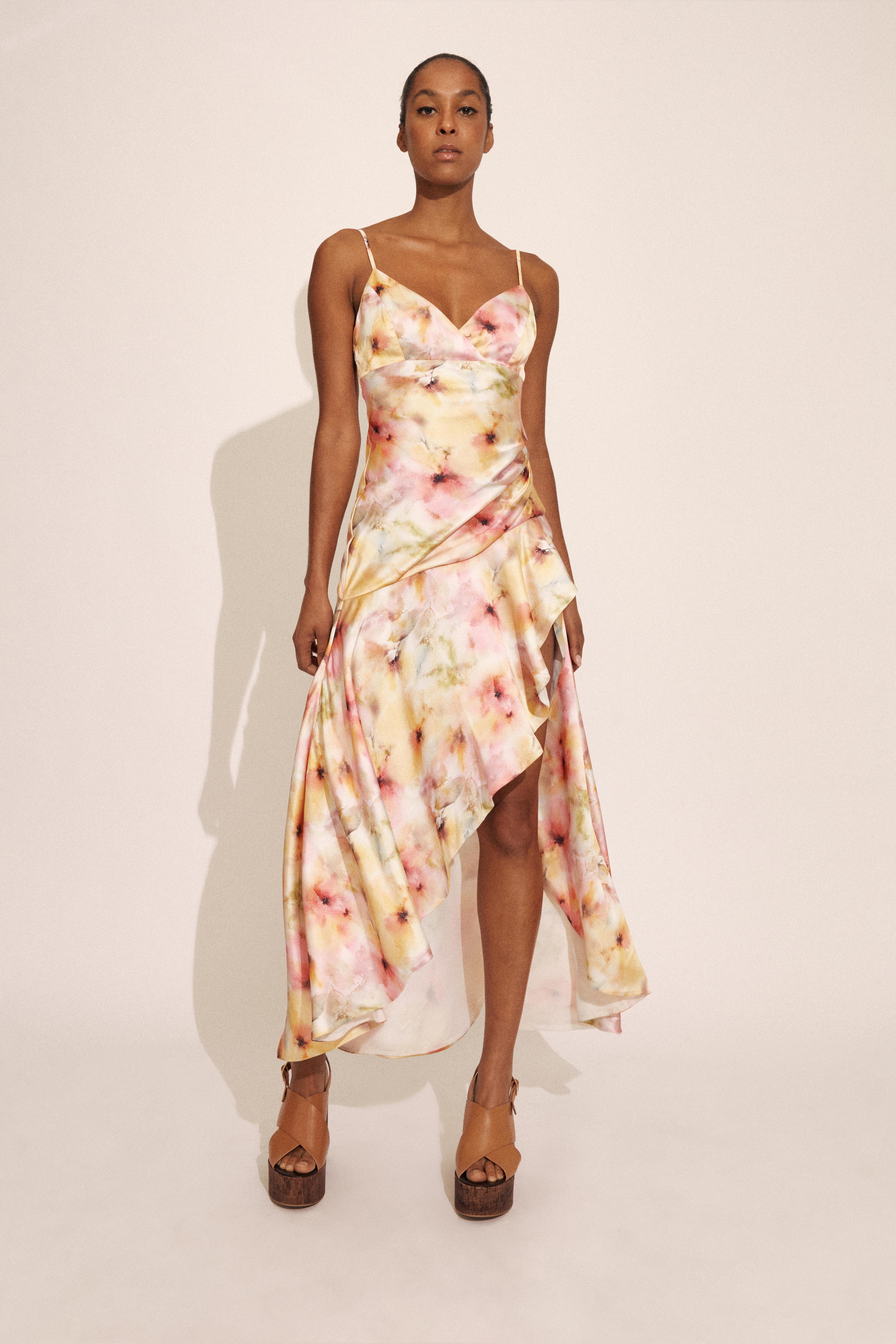Bardot Sorella Printed Satin V-neck Draped Asymmetrical Ruffle Midi Dress In Sunset Fl
