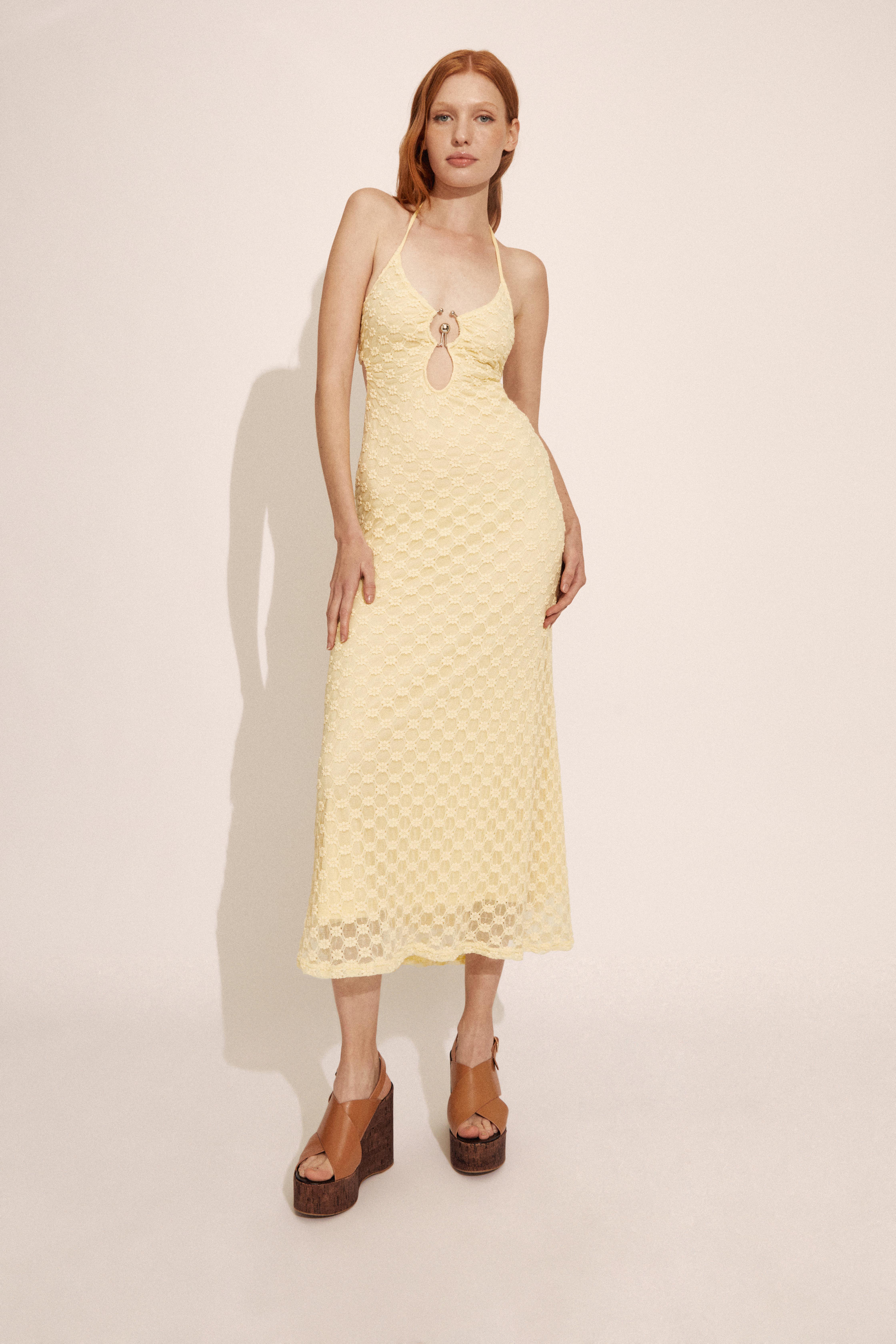 Bardot Rosala Halter-neck Floral-lace Dress In Canary Ylw