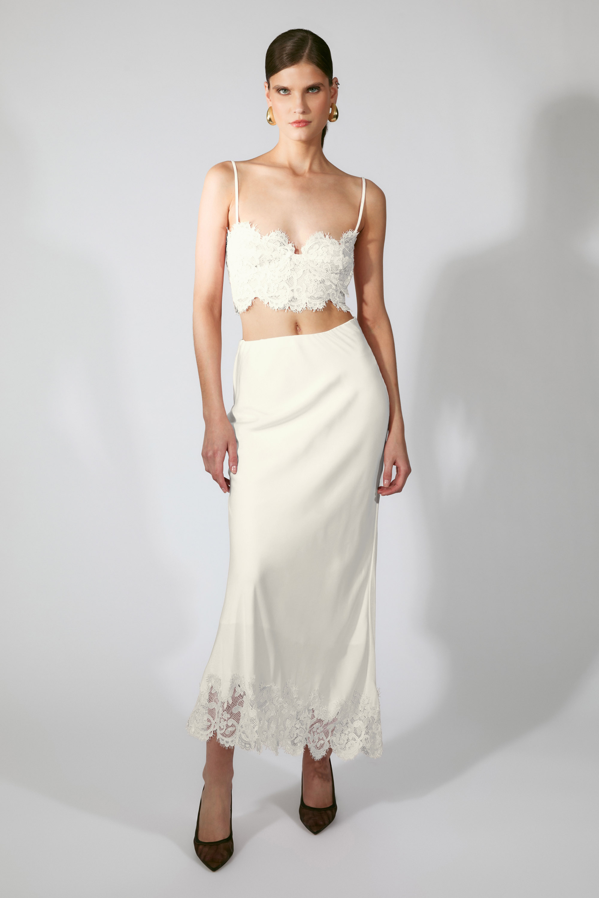 ELISAN LACE SATIN MIDI SKIRT IVORY