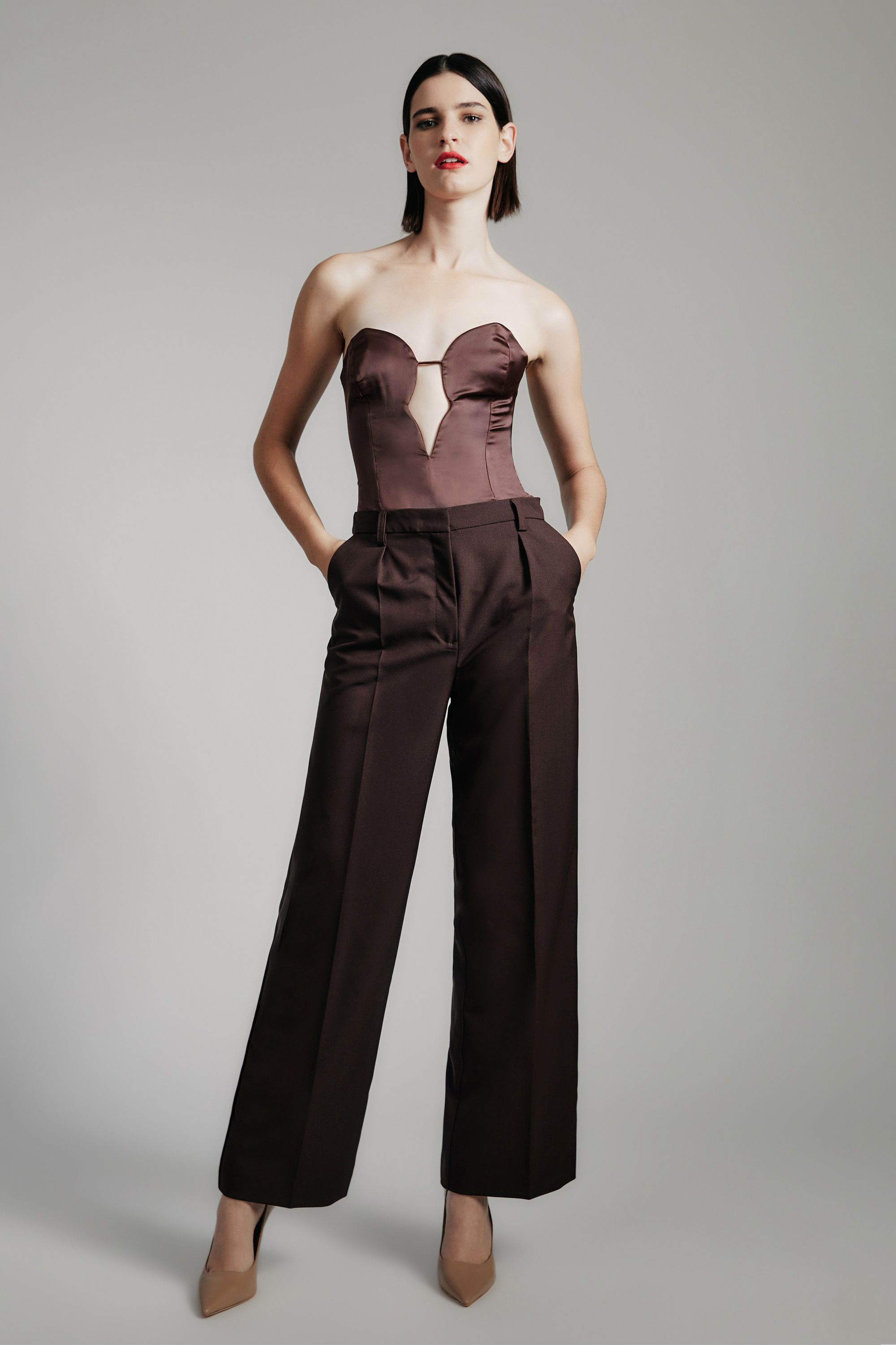 Bardot Eleni Satin Bodysuit In Chocolate