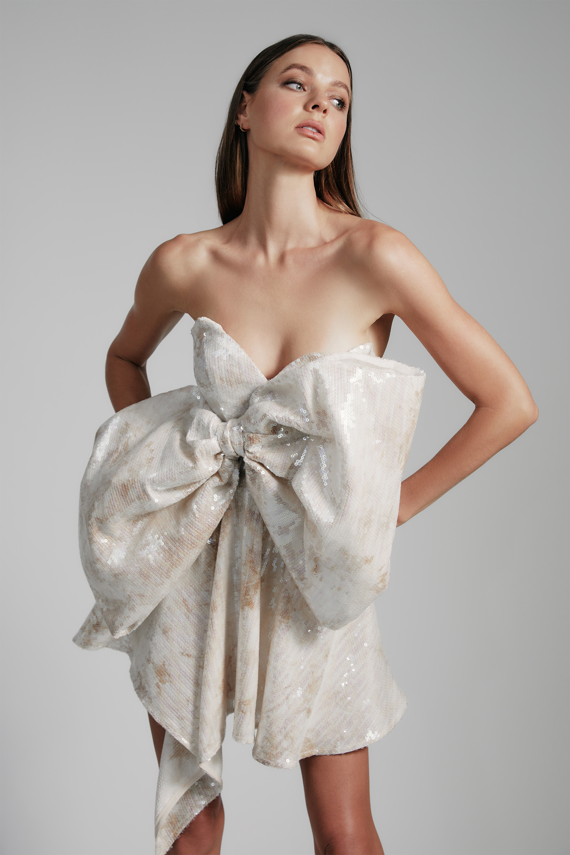 Bardot Brydie Bow Sequin Strapless Minidress In Nude