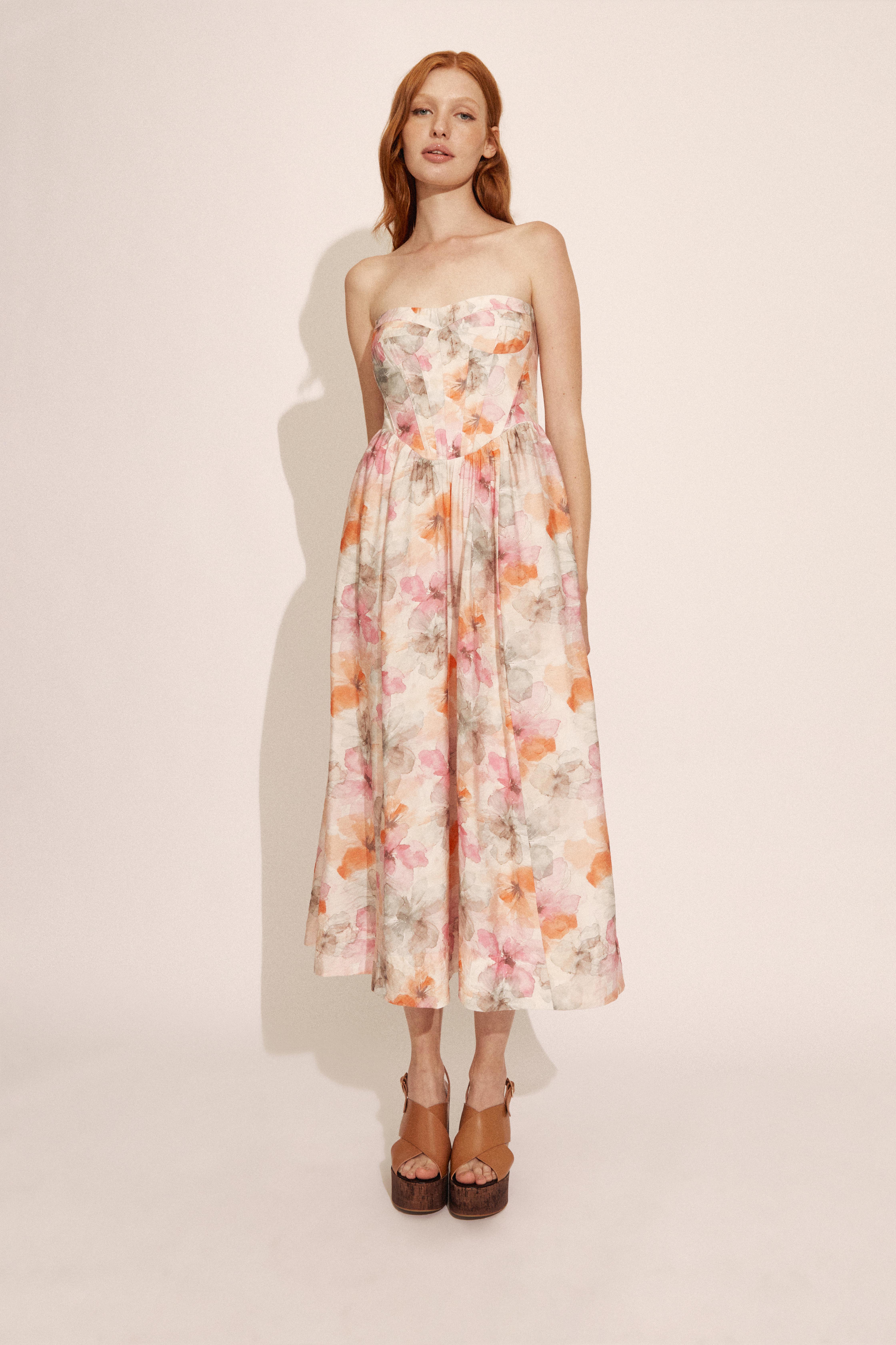 Bardot Lola Corset Midi Dress Apricot Floral In Multi