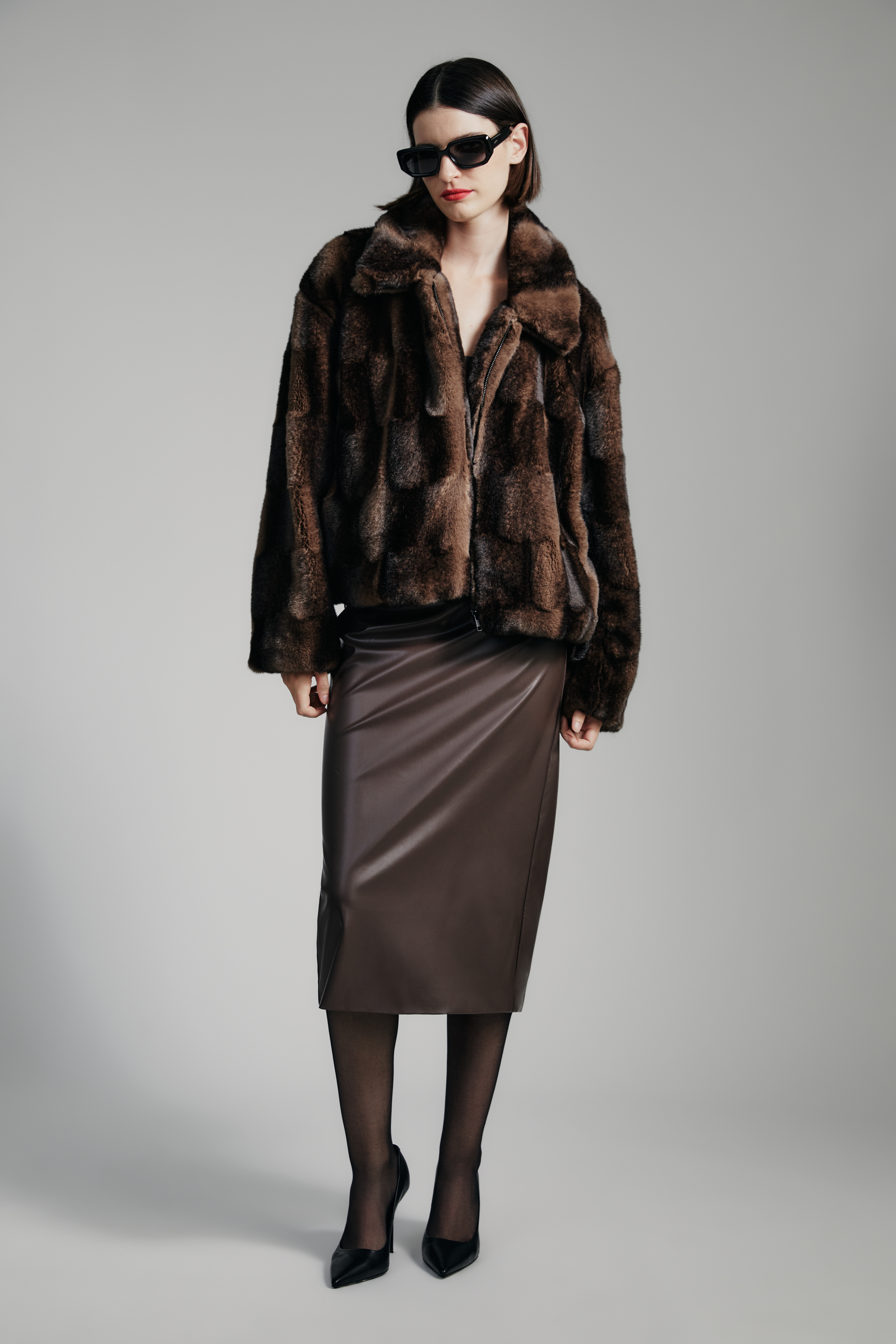 Bardot Sylvie Zip Faux Fur Jacket In Dark Choco