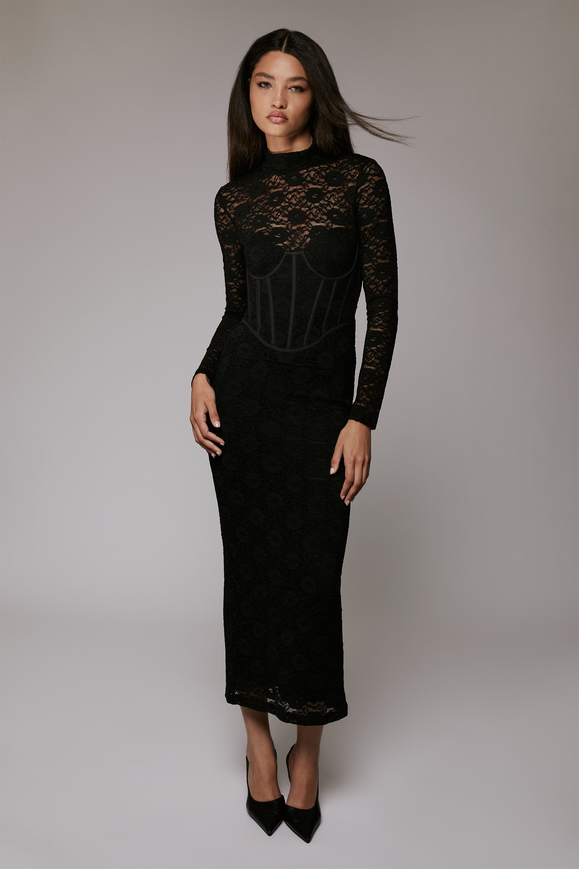 Bardot Carmen Lace Corset Midi Dress In Black