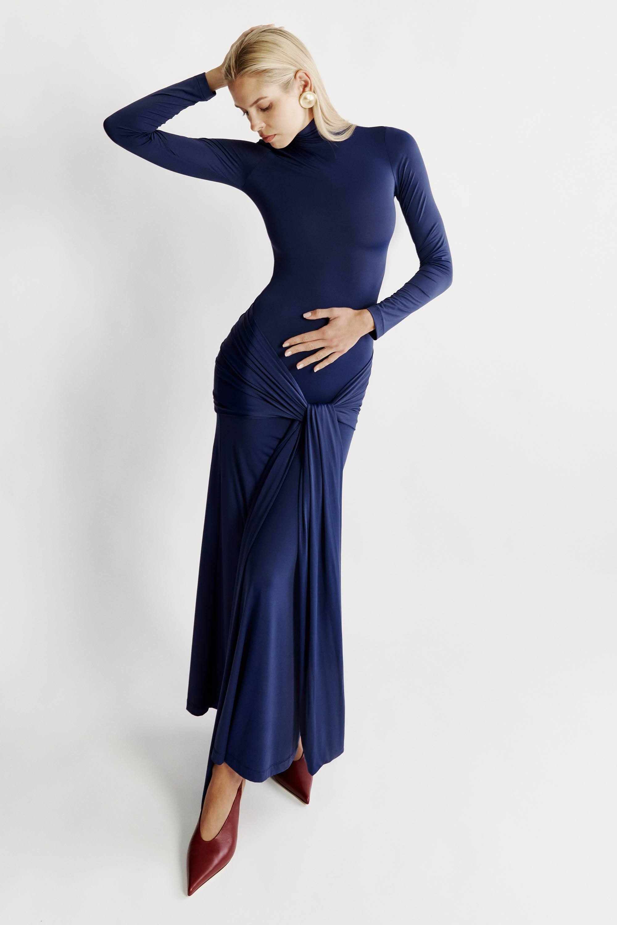Bardot Alix Long-sleeve Tie-front Knit Maxi Dress In Navy